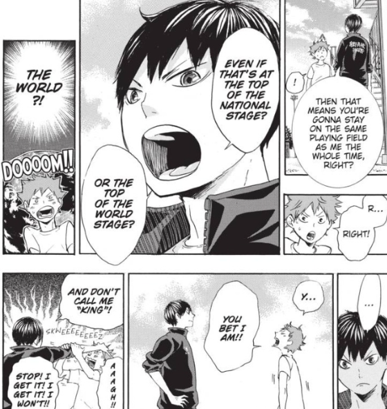 THIS. this is the "evergreen battle" they have promised themselves to. any typical rival would scoff at how bold hinata is here and comment on the incredulity of it, especially given how inexperienced he was...but kageyama accepted, asked him to keep going, and waited for him.