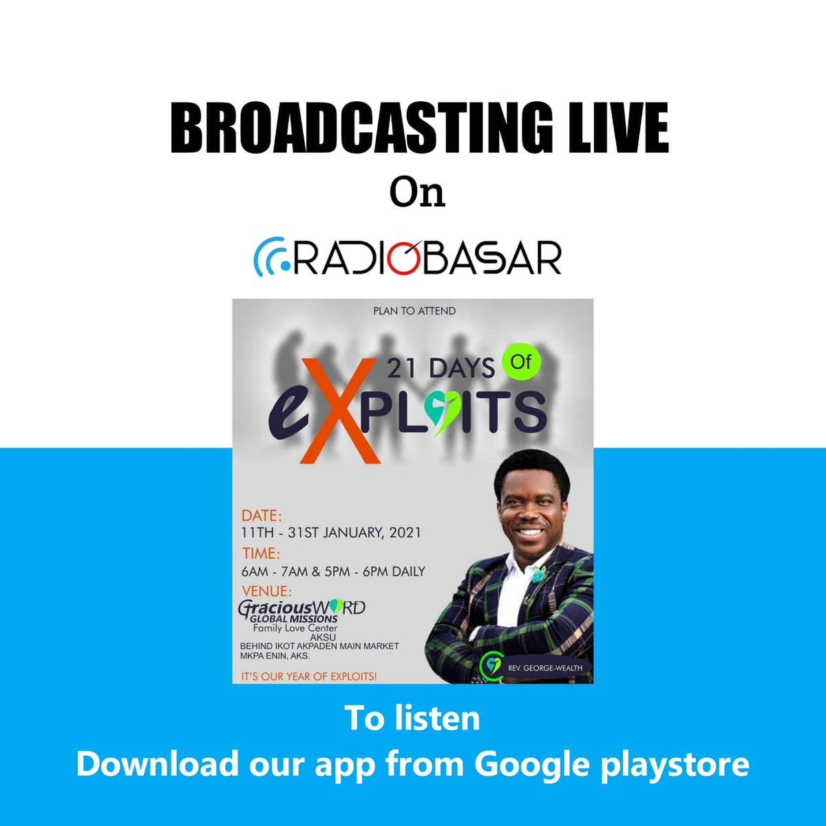 We are live now
21 DAYS OF EXPLOITS
DAY 4

Tune in and be blessed

Andriod users
play.google.com/store/apps/det…

For IOS users
s25.myradiostream.com/:15102/listen.…