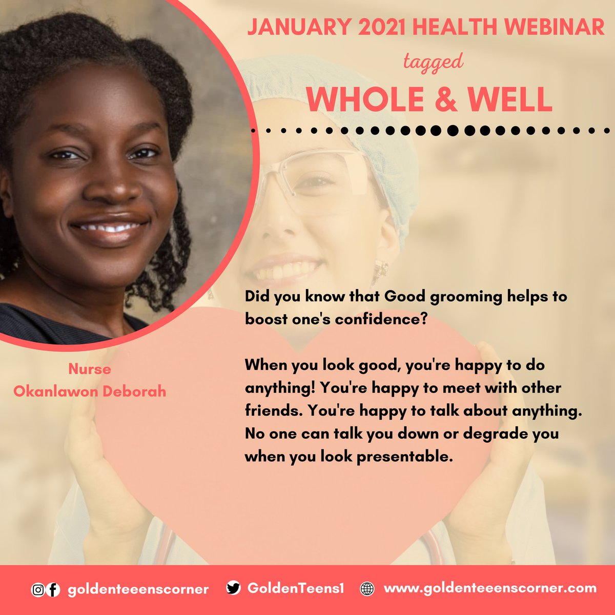 GoldenTeens1's tweet photo. Our webinar over the weekend was such an amazing one.

On day 1, we had a great session with Nurse Deborah Okanlawon @okanlawondebbie on good grooming.

#goodgrooming #teenshealth #goldenteenscorner https://t.co/19OsUwz4Lm