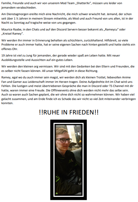 ShatterXxlive's tweet photo. @Maurice31627268 wird uns leider nicht mehr mit seiner Art unterhalten können. 

Wir werden dich vermissen, mögest du in Frieden ruhen! Wir lieben dich! R.I.P 😫🥺😭 https://t.co/AaqA6qb7lQ