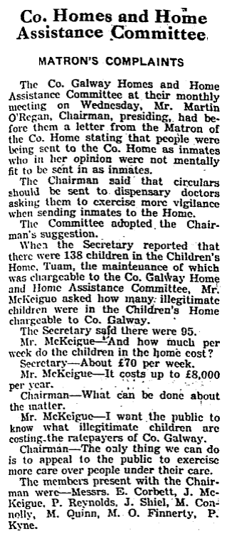 "I want the public to know what illegitimate children are costing the ratepayers of Co. Galway." (Tuam Herald, 24/9/1938)