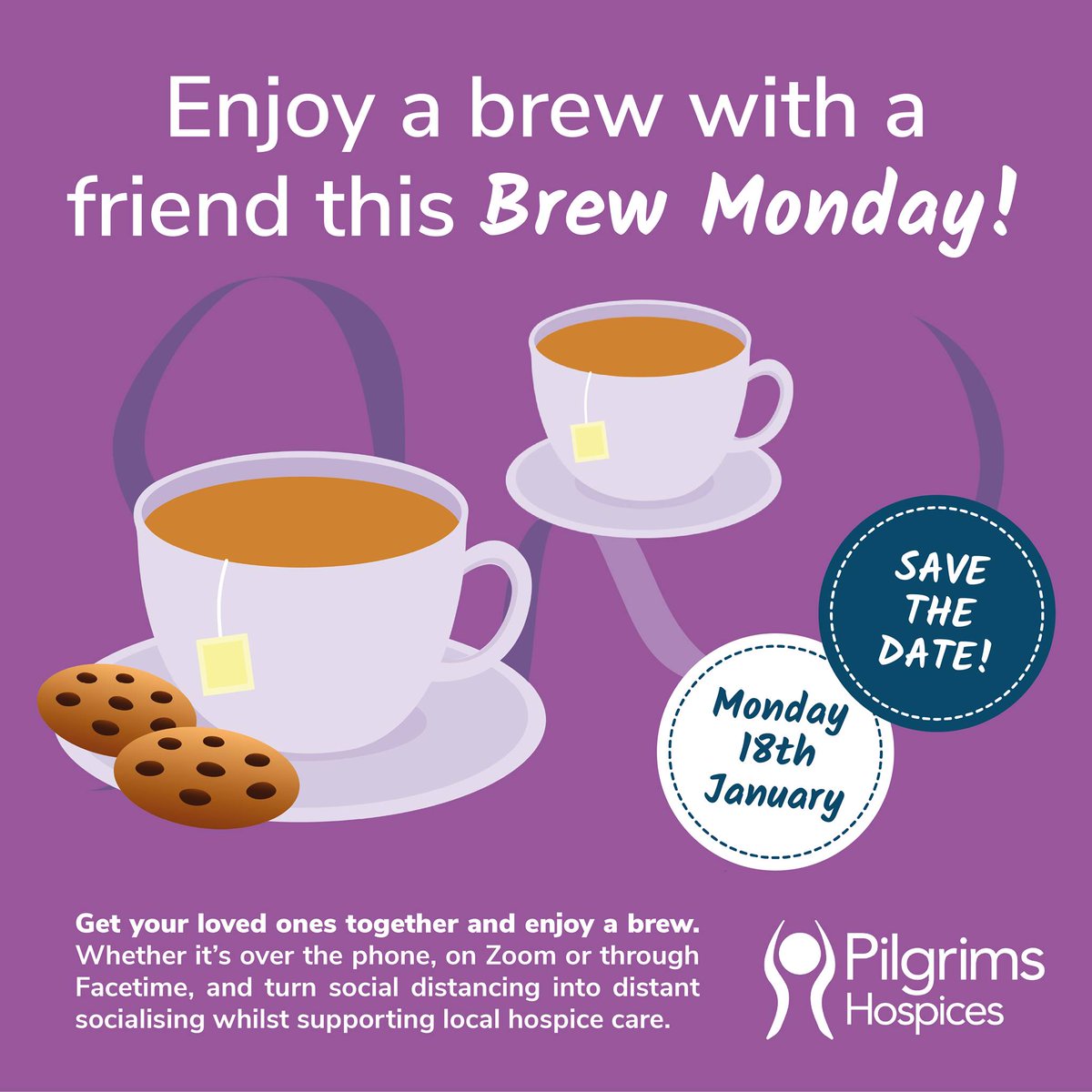 #BrewMonday is back on Monday 18th January so catch up with friends, family or colleagues over a cuppa and donate what you would have paid in a coffee shop to <a href="/PilgrimsHospice/">Pilgrims Hospices</a> here bit.ly/2LvvsYN
#catchupoveracuppa #distantsocialising