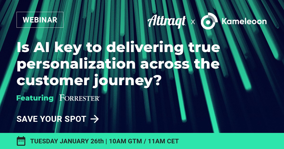 #AI-driven #personalization: tune in to the @KameleoonAI and <a href="/Attraqt/">Attraqt</a> webinar 26/1 featuring <a href="/JFMcCormick/">James McCormick</a> of @Forrester to learn how to accelerate your strategy buff.ly/3njxGHr