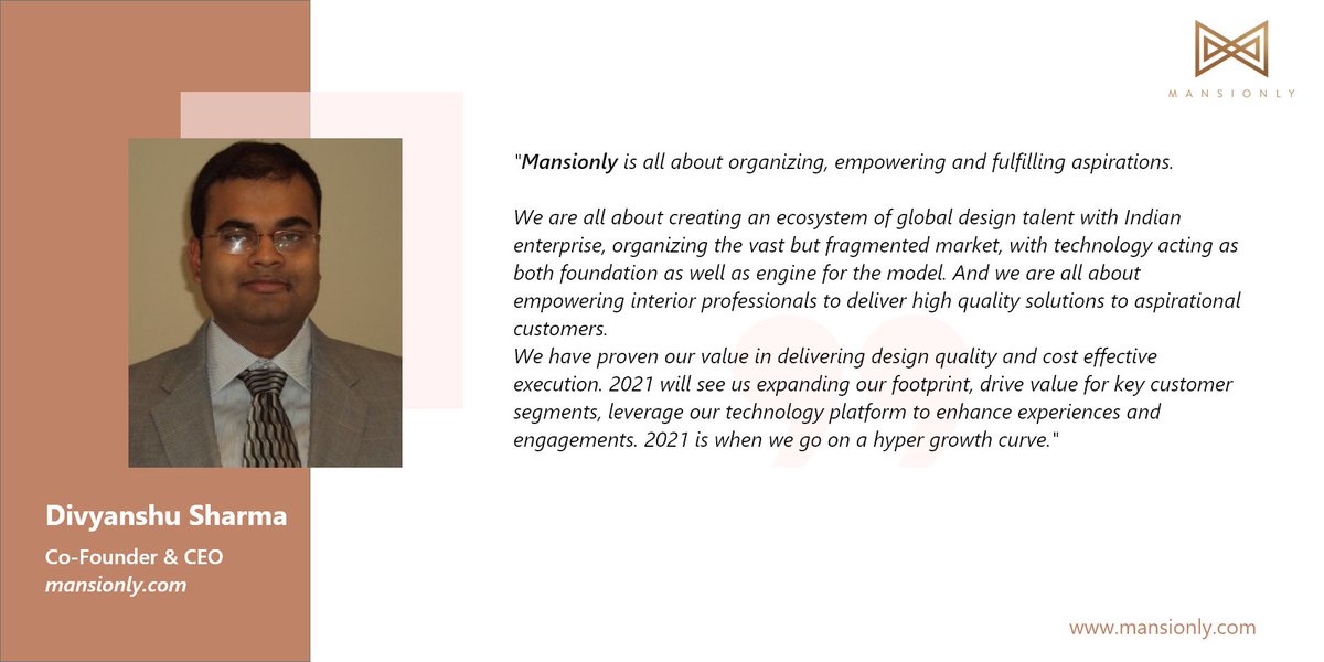 mansionly's tweet photo. Mansionly is all about empowering, organizing, and fulfilling aspirations.

2021 will see us expanding our footprint, leverage our technology platform to enhance experiences and it is when we go on a hyper-growth curve says Divyanshu Sharma CEO and Co-founder at Mansionly.

#ceo https://t.co/XonNBdR8IA