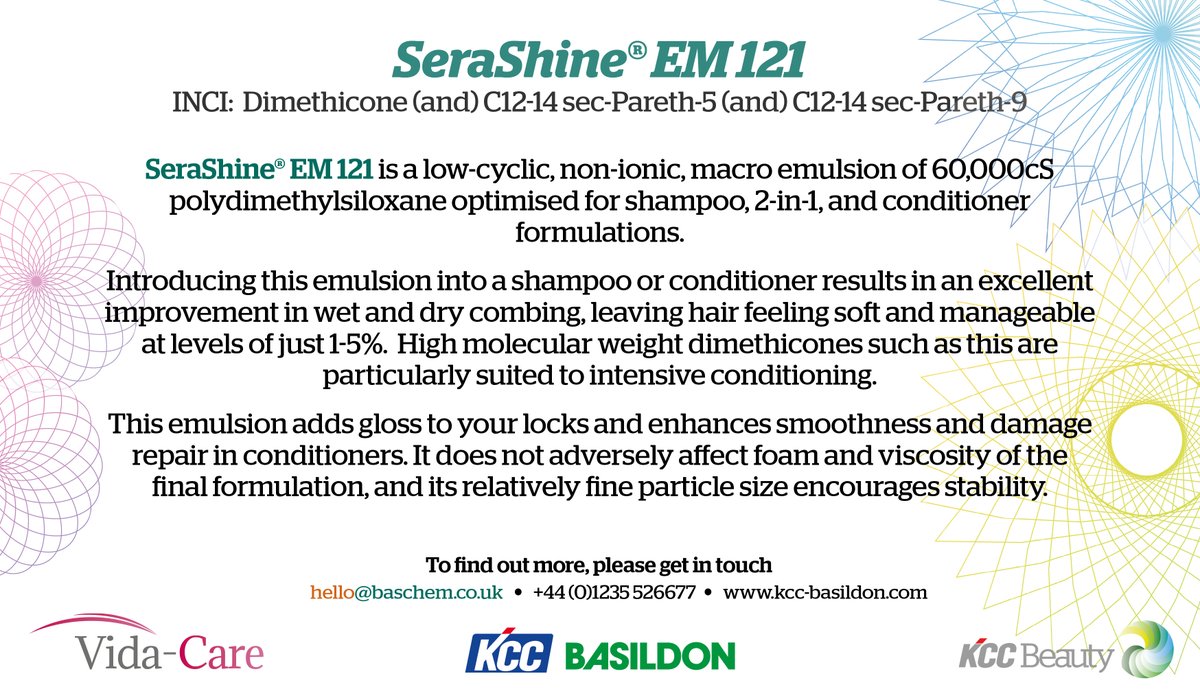 SeraShine EM 121 has outstanding benefits for your next #Shampoo or #conditioner formulation - add gloss, smoothness and damage repair with this fantastic emulsion.
kcc-basildon.com/product-catego…
#personalcare #haircare #chemicals