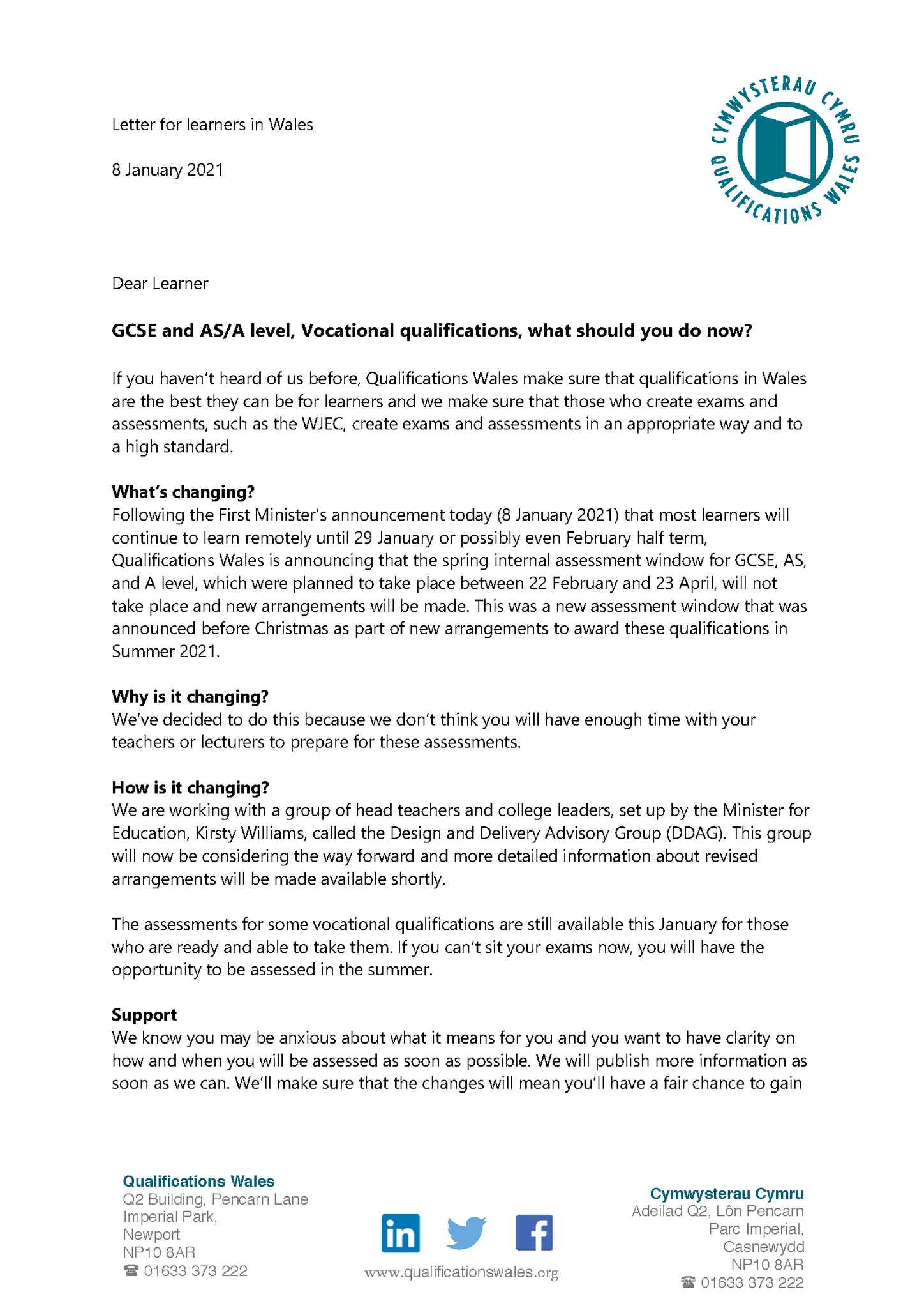 Qualifications Wales In Case You Missed It Last Week We Reached Out To Learners To Update Them On What Why And How Assessment Is Changing In 21 More Information Will