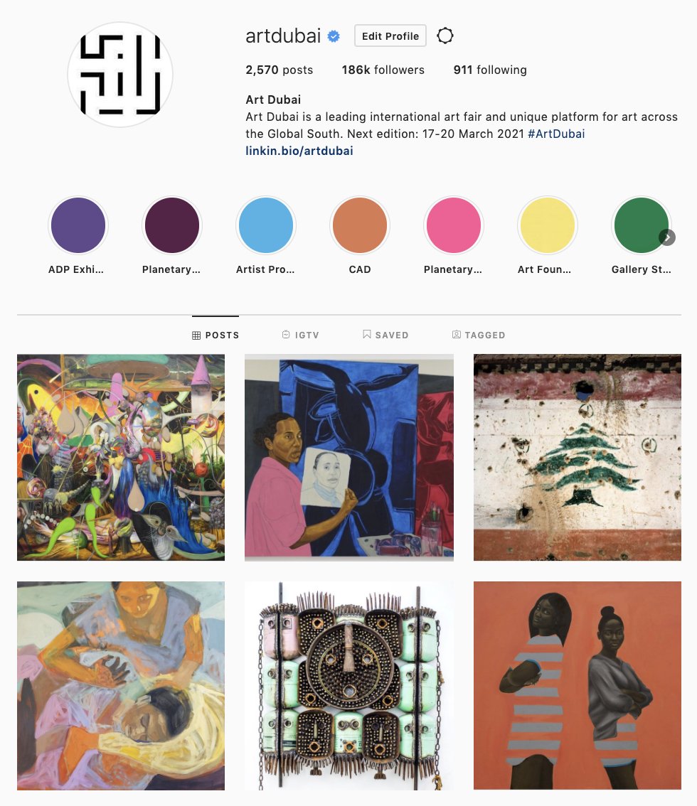 Follow Art Dubai on <a href="/instagram/">Instagram</a>
for the latest visual updates, ahead of the fair #ArtDubai #AD2021 #Instagram instagram.com/artdubai