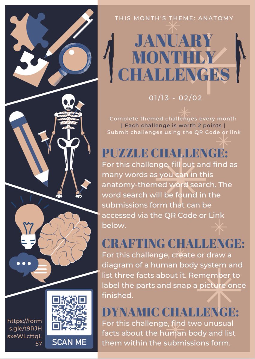 Hey Tigers! ScNHS has many challenges for you to do this month.

This month’s theme is ANATOMY 🫀

Once you have completed these challenges, submit them to the QR code below. Have fun!