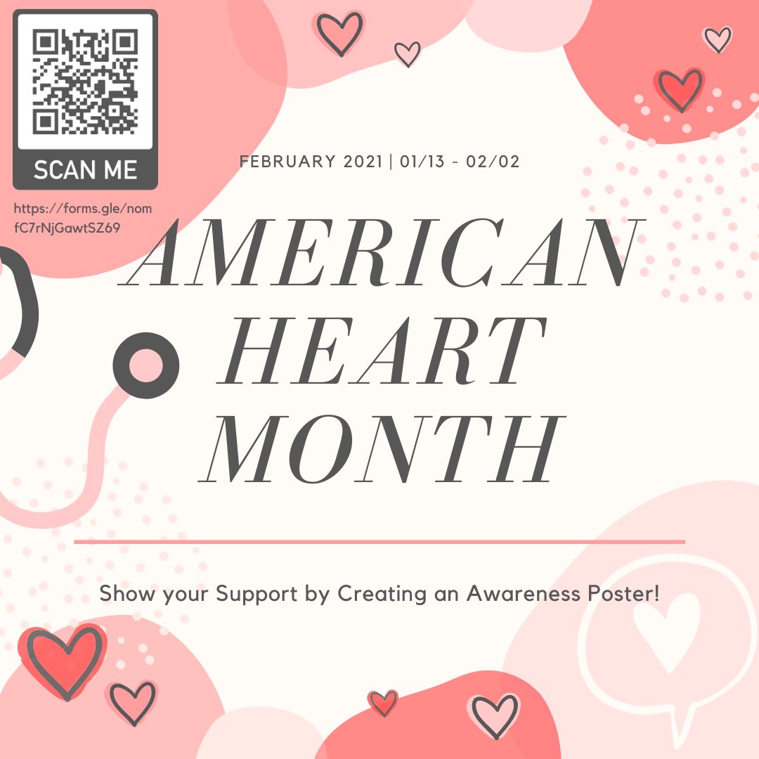 We want YOU to make a poster for the month of February to support American Heart Month. We will post your submissions during the month of February. 
*Posters are due February 2nd
Get to working ScNHS Tigers!