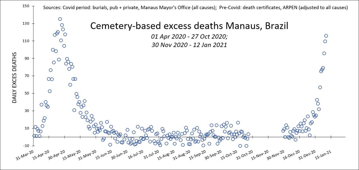 Manaus has now surpassed the very tragic 26/04 burial record of 167 with 198 burials in the past 24H (13/01) for a total of 1486 burials in January with 50% higher ICU occupancy than in April. Hard to see how Manaus avoids crossing 5k pandemic-related excess DPM.  https://twitter.com/marioadolfo/status/1349498117058658313