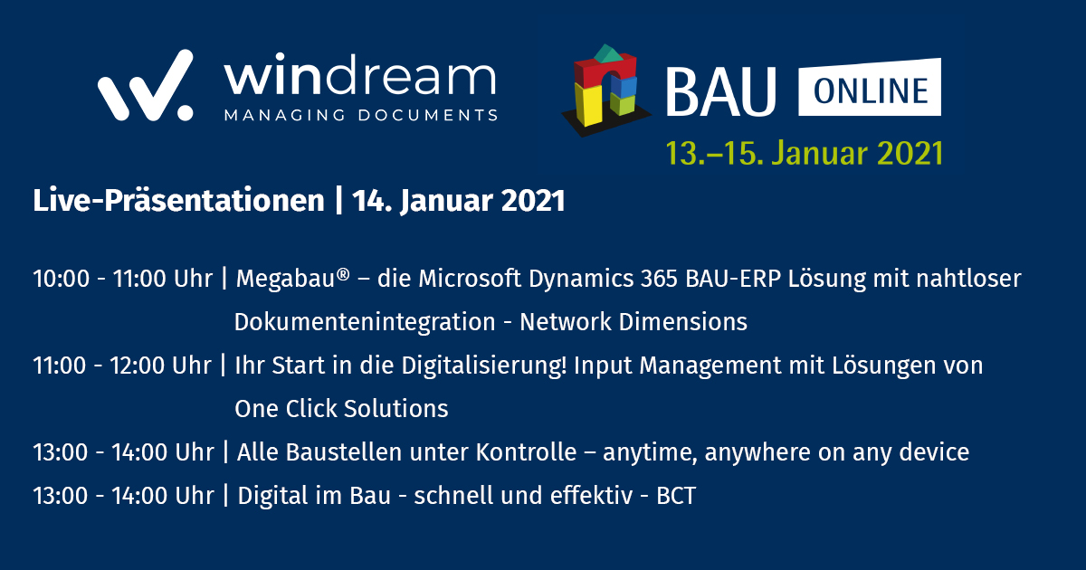 BAU ONLINE 2021| Unser Vortragsprogramm für Donnerstag, den 14. Januar
Jetzt kostenlos registrieren:
bit.ly/39K6I8W
#windream #dokumentenmanagement #dms #ecm #digitalisierung #windreamdynamicworkspace #windream7 #digitalebauakte #bauwesen #bauonline