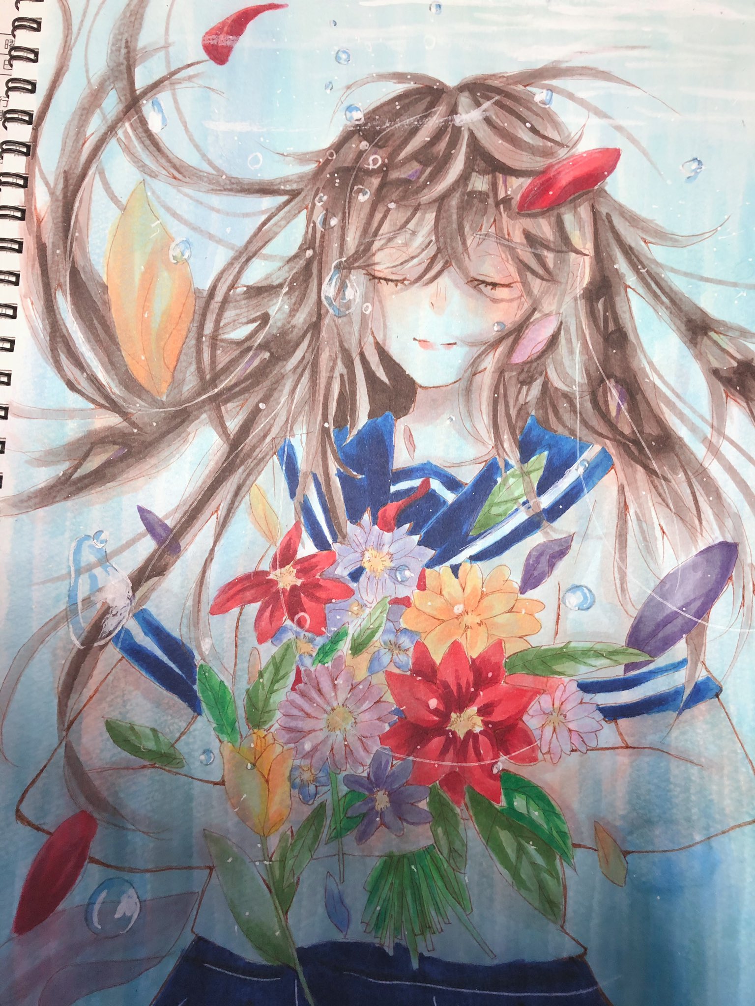 ばぶ 水の中でふわぁ イラスト コピックイラスト コピック お花 水中 セーラー服 女の子 T Co Px7sohafhw Twitter
