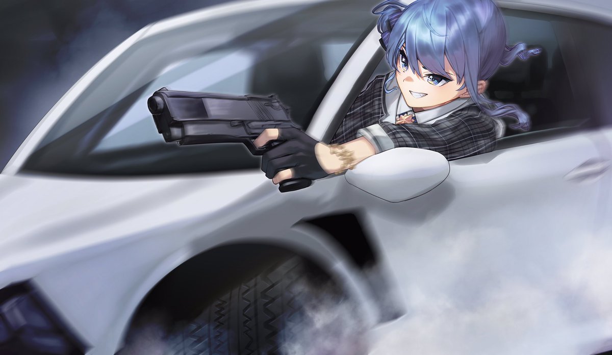 hoshimachi suisei 1girl gun weapon blue hair handgun holding weapon holding gun  illustration images