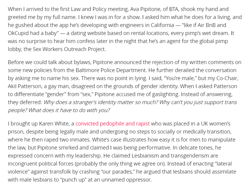 Ava Pipitone had the only lesbian on an LGBT panel booted. Pipitone advocates for the sex industry, is involved with the Baltimore Trans Alliance, which sponsored an event that advertised that “exclusionary” lesbians would be “hung (sic) by their necks” if they attended.