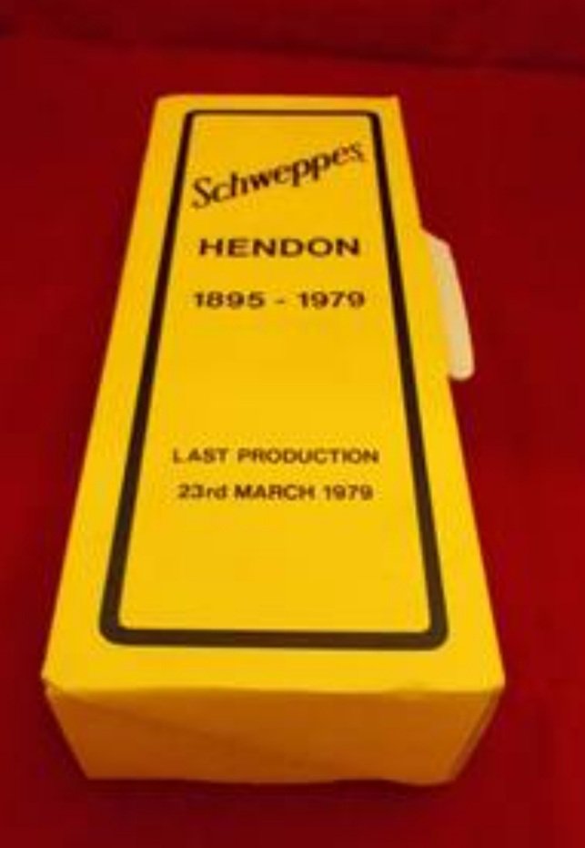 The last production of Schweppes tonic water in March 1979 in a special presentation box. By 1980 the factory had closed, ending an eighty-four year history with West Hendon.Imaged sourced from Oxfam website.