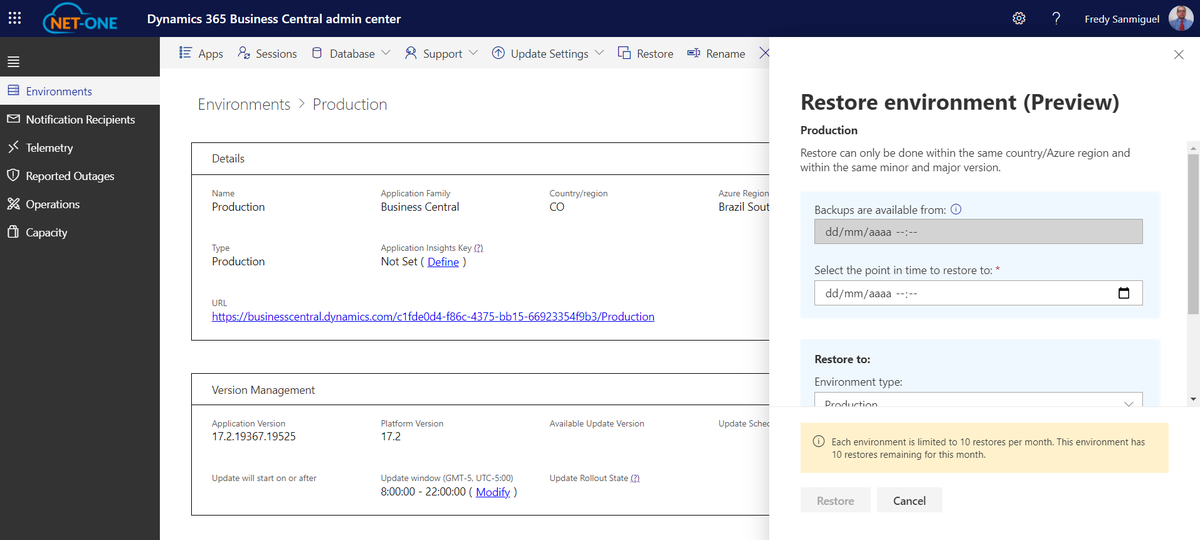 Fsanmiguel's tweet photo. Nuevas mejoras en #MSDyn365BC. Ya está habilitada la función de restaurar ambientes(respaldos) de fechas anteriores.
Enlace aquí: https://t.co/O2gSMMaivH
#dynamicsax #dynamicsnav #dynamicssl #dynamics365 #businesscentral #microsoft #netone #dynamicsgp #365businesscentral https://t.co/QtKqAppoLq