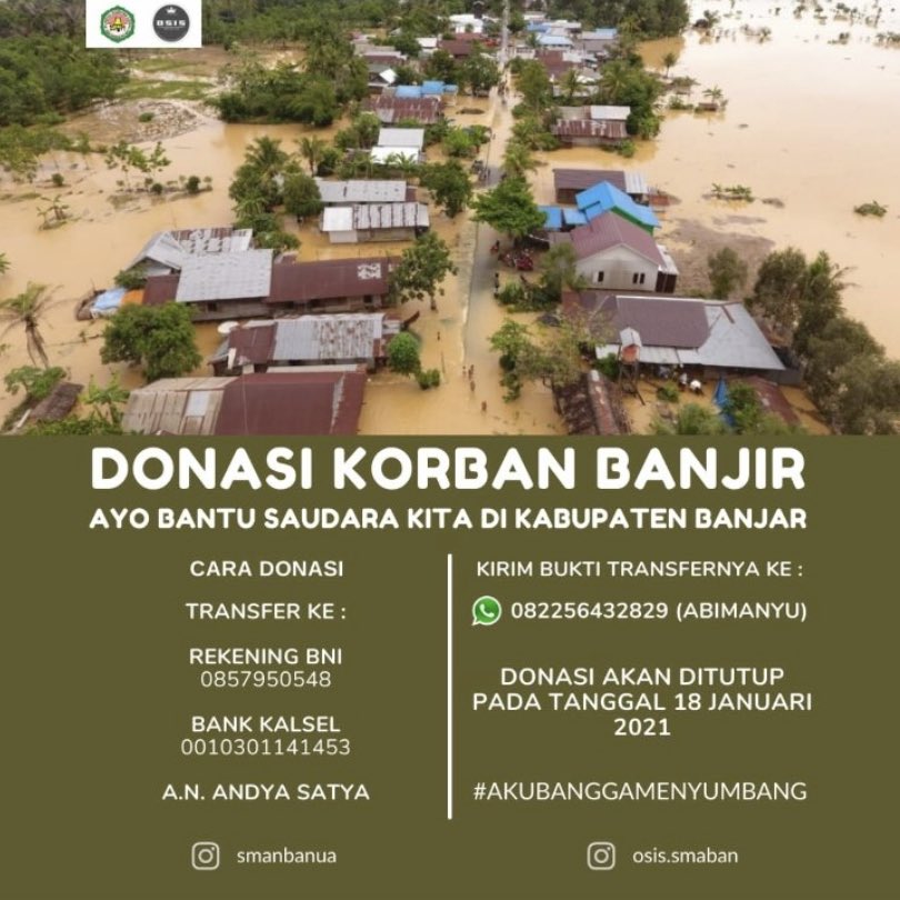 aerisandesu's tweet photo. donations thread to help the people in kalimantan selatan who have been affected by the flood. please help rt to spread! #prayforkalsel https://t.co/6v2OIH8del