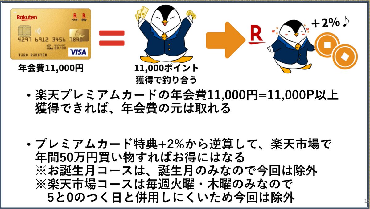 小林亮平 Bank Academy 楽天ゴールドカードの改悪を受けて 楽天プレミアムカードの損益分岐点を考えみた 楽天 プレミアムカードの年会費11 000円を 2 で逆算すると 年間50万円を楽天市場で買い物すれば元は取れるけど そんなに買い物はしてないな