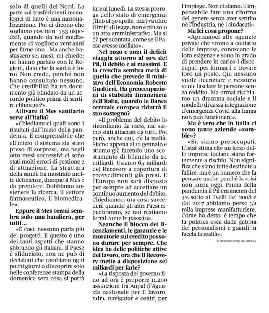 #RecoveryFund: la realtà ci presenterà il conto ! Mi auguro che ci sia un #Governo disponibile ad ascoltare e confrontarsi con chi, come le #imprese, ha dimostrato la capacità di far crescere il Paese. La mia intervista <a href="/Corriere/">Corriere della Sera</a> #14gennaio