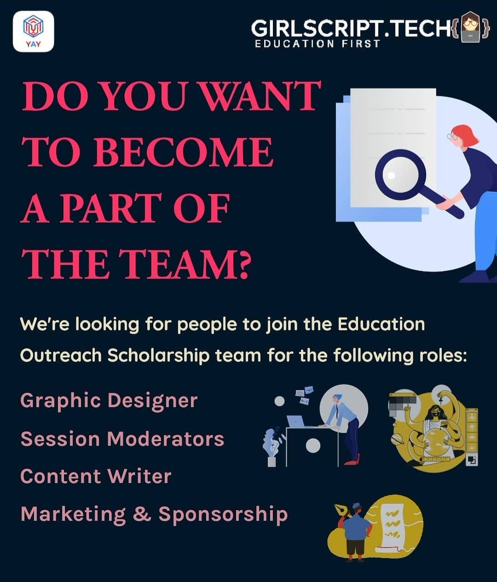 #HiringAlert
Do you want to become a part of the Education Outreach Scholarship Team?
If yes, then we have an opportunity for you!!

Interested to apply? Fill in this form : bit.ly/3bzsTzz

Want to know more? Visit us at : girlscript.tech

#girlscript