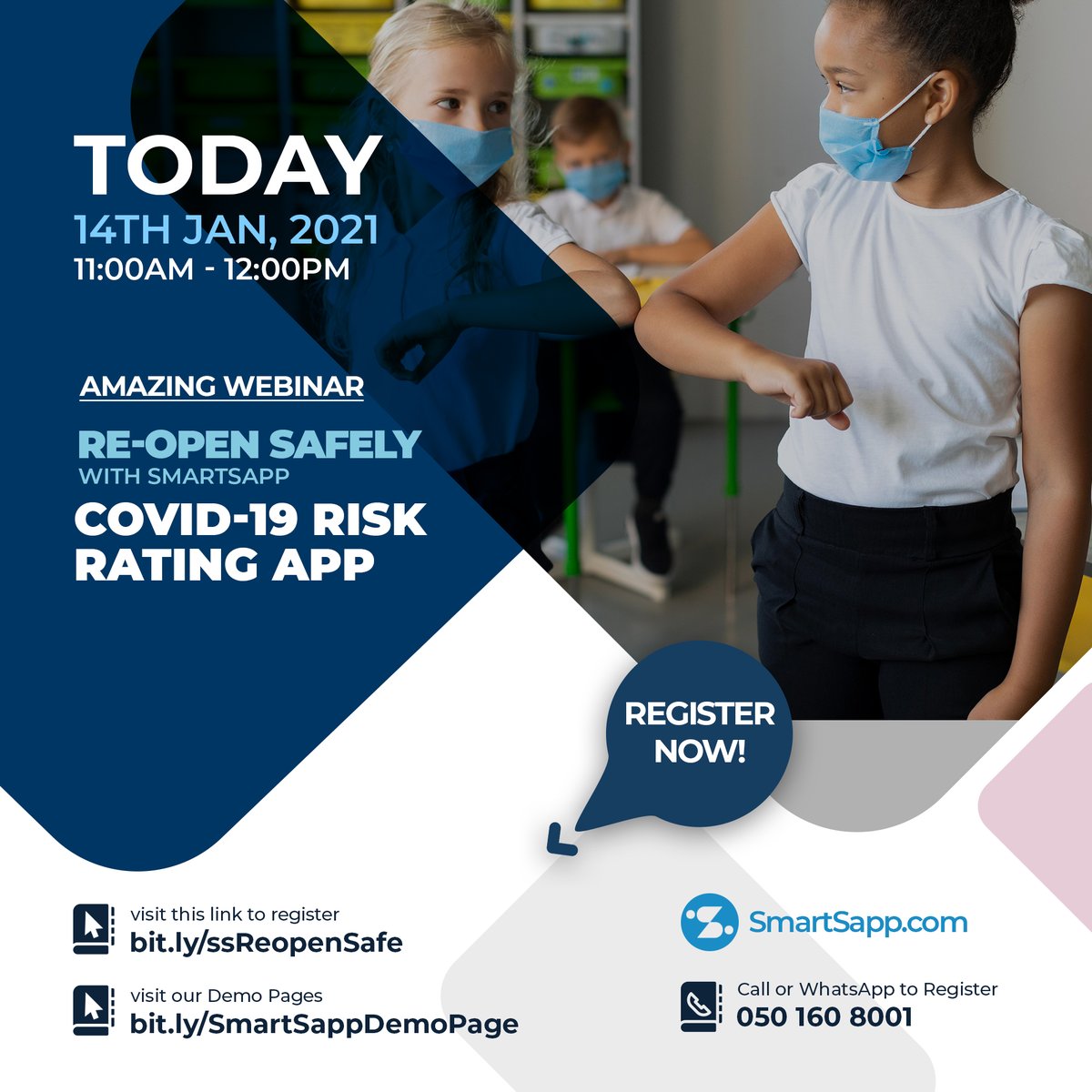 MineX360's tweet photo. Last chance to register and Join us live today for our amazing webinar on the topic “Re-open safely with SmartSapp COVID-19 risk rating app” at 11am-12pm. 

Register now at https://t.co/lAXltCCWJD to participate in the live webinar. https://t.co/trFhKE0GIg