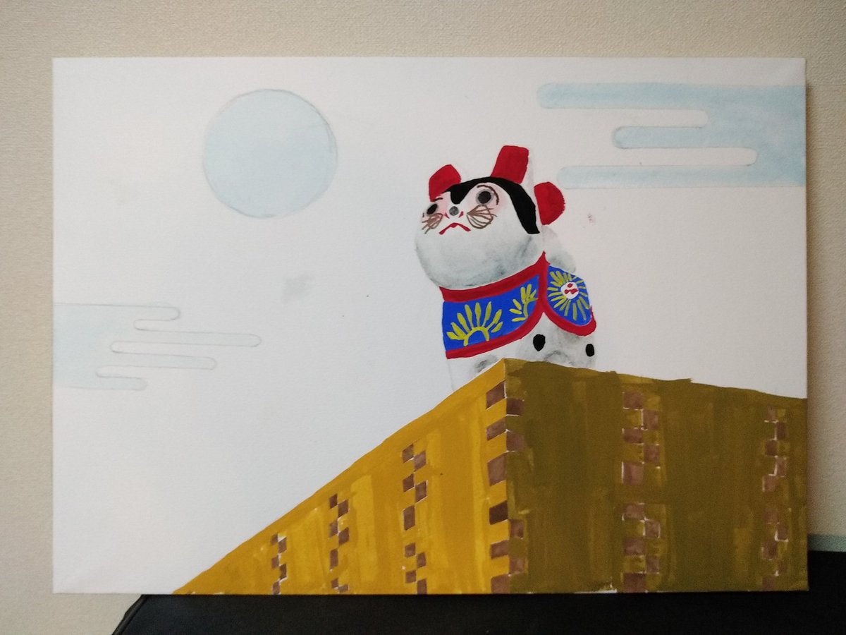 小鉄 美大受験 平面構成 こま犬 枡 トレーシングペーパー 冬期講習で最終日が学校と重なり行けなかったため作業時間約4時間 無理矢理完成させた感じです ちなみにトレーシングペーパーは月と雲の形に切っている設定です イラスト 絵 平面構成 イラスト