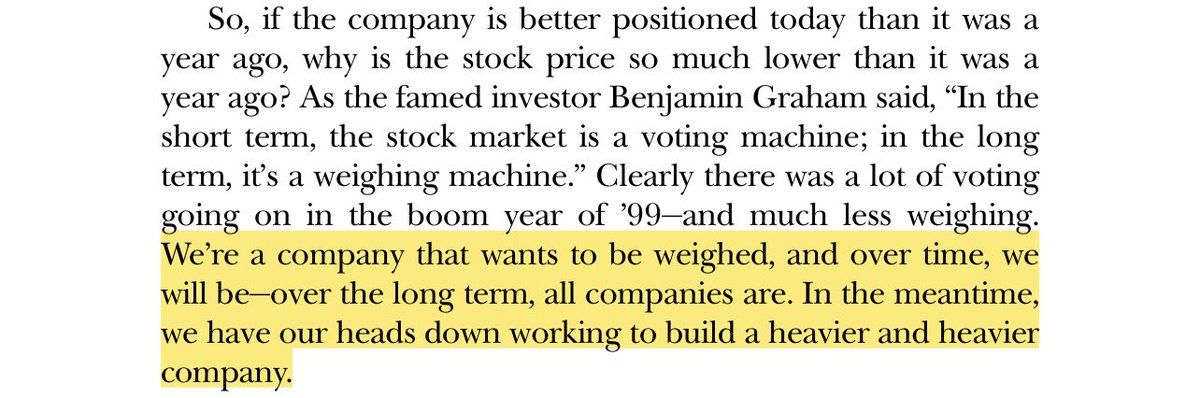 “We’re a company that wants to be weighed, and over time, we will be-over the long term, all companies are. In the meantime we have our heads down working to build a heavier and heavier company.”