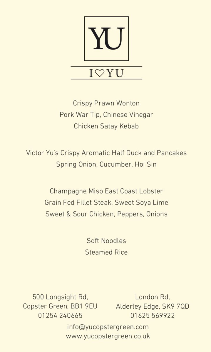 Yu Alderley Edge (@yu_alderleyedge) on Twitter photo #ILOVEYU
Collection Saturday 13th February
To Order please email craig@yurestaurants.co.uk with the following details
🥢Which Restaurant you would like to collect
🥢 Full Contact Name
🥢 Contact telephone number
We will call you to confirm your order and take full payment #ILOVEYU
Collection Saturday 13th February
To Order please email craig@yurestaurants.co.uk with the following details
🥢Which Restaurant you would like to collect
🥢 Full Contact Name
🥢 Contact telephone number
We will call you to confirm your order and take full payment