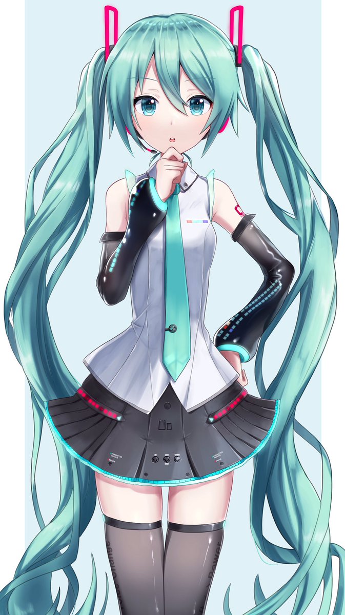 hatsune miku 1girl solo twintails long hair shirt hand on own chin detached sleeves  illustration images