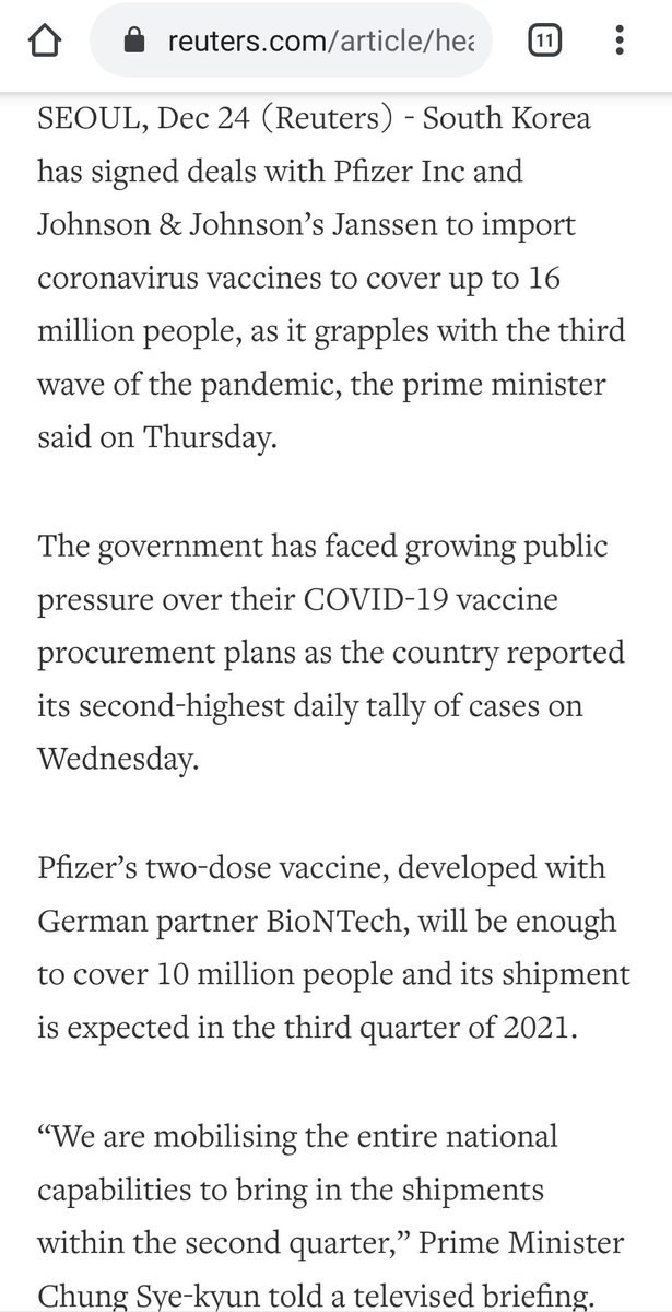 Kerajaan Korea Selatan pun ditekan rakyat mereka sebab vaksin Pfizer hanya akan sampai pada suku ketiga (Julai-September). Sementara itu order vaksin Johnson & Johnson dulu untuk suku kedua.Malaysia mula dapat vaksin Pfizer pada suku pertama.  https://www.reuters.com/article/health-coronavirus-southkorea-vaccine-idCNL1N2J4004