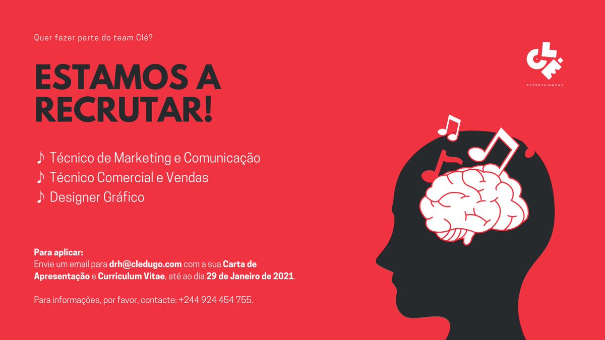cle_enter's tweet image. ESTAMOS A RECRUTAR técnicos qualificados em Marketing e Comunicação; Comercial e Vendas e Designers Gráficos ✅

Para aplicar:
Envie um e-mail para drh@cledugo.com com a sua Carta de Apresentação e Curriculum Vitae até 29 de Janeiro de 2021.