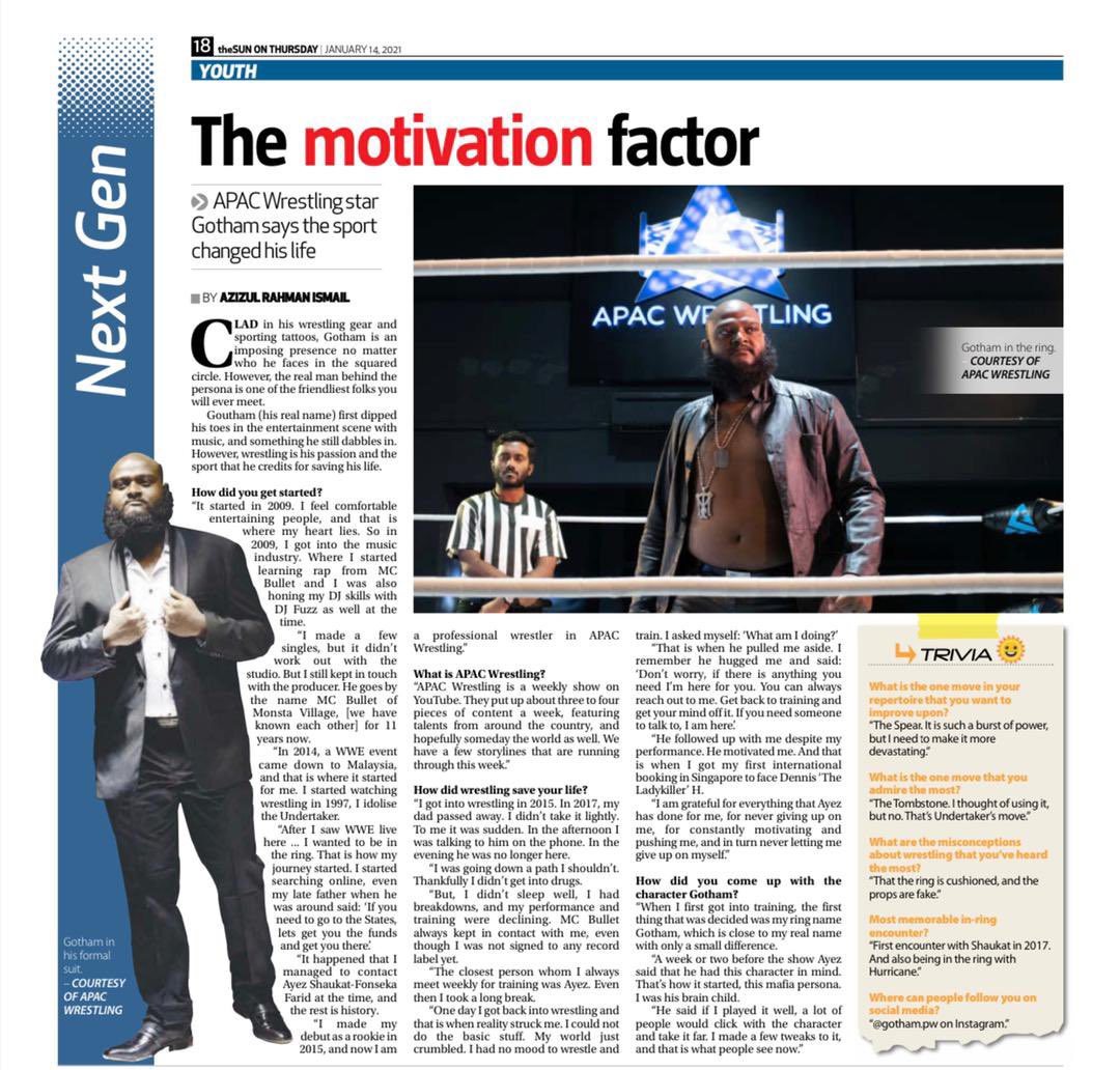 gothampw's tweet photo. Made it to The Sun Paper. From Music to Wrestling and how it saved me. 

Thank you Azizul and @theSundaily for the write up. 
.
Special Shout Out to @TheShaukat for giving me this opportunity and making a difference in my life.

#journey #wwe #wrestling #papers #2021year #Music https://t.co/Cx1M5fZYL6