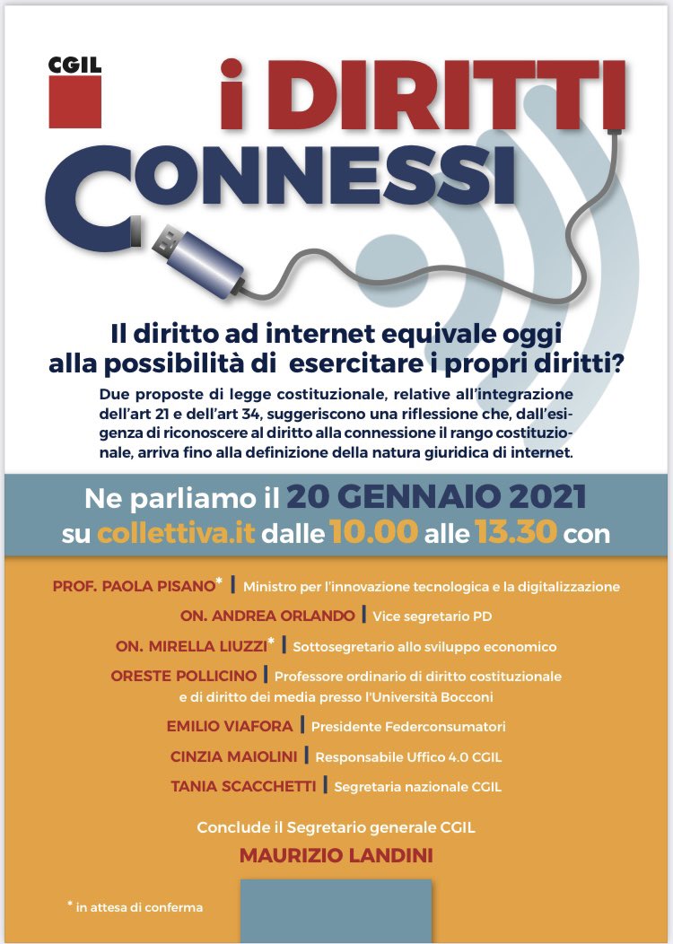 Il diritto “costituzionale” ad internet. Se ne discute il 20 gennaio su collettiva.it, ore 10.00.
@PaolaPisano_Min
<a href="/AndreaOrlandosp/">Andrea Orlando</a> 
<a href="/mirellaliuzzi/">Mirella Liuzzi</a>
<a href="/OrestePollicino/">oreste pollicino</a>
<a href="/TaniaScacchetti/">Tania</a>
<a href="/ViaforaEmilio/">Emilio Viafora</a>
#CinziaMaiolini
#MaurizioLandini
#DirittiConnessi
corrierecomunicazioni.it/lavoro-carrier…