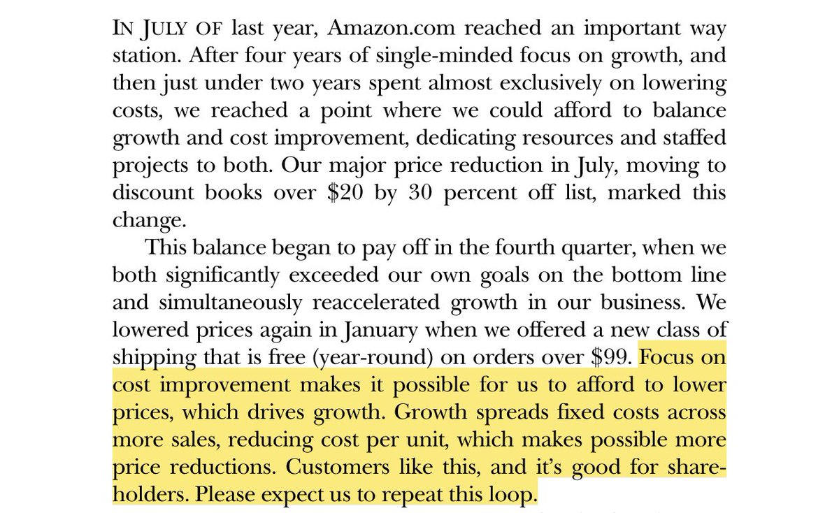 “Focus on cost improvement makes it possible for us to afford to lower prices, which drives growth. Growth spreads fixed costs across more sales, reducing cost per unit, which makes possible more price reductions... Please except us to repeat this loop.”