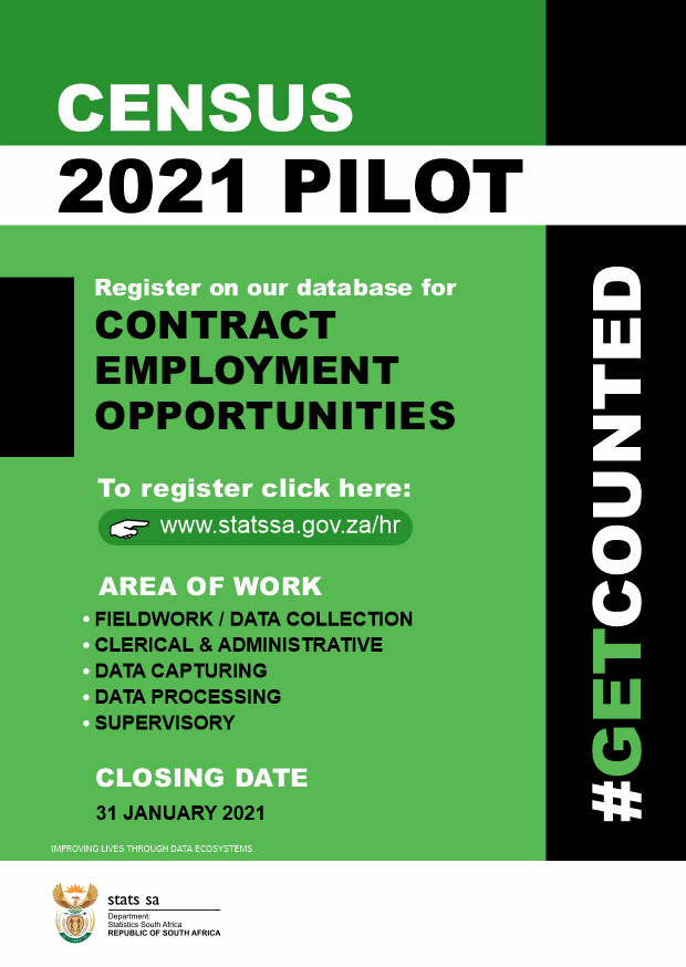 REGISTRATION ON THE STATS SA HR DATABASE NOW OPEN! 

The database will be used to find candidates for contract-based opportunities.

Click here to register: bit.ly/3nFLLPz

Registration closes 31 January 2021

#StatsSA #KeaJobSeeker #JobSeekersSA