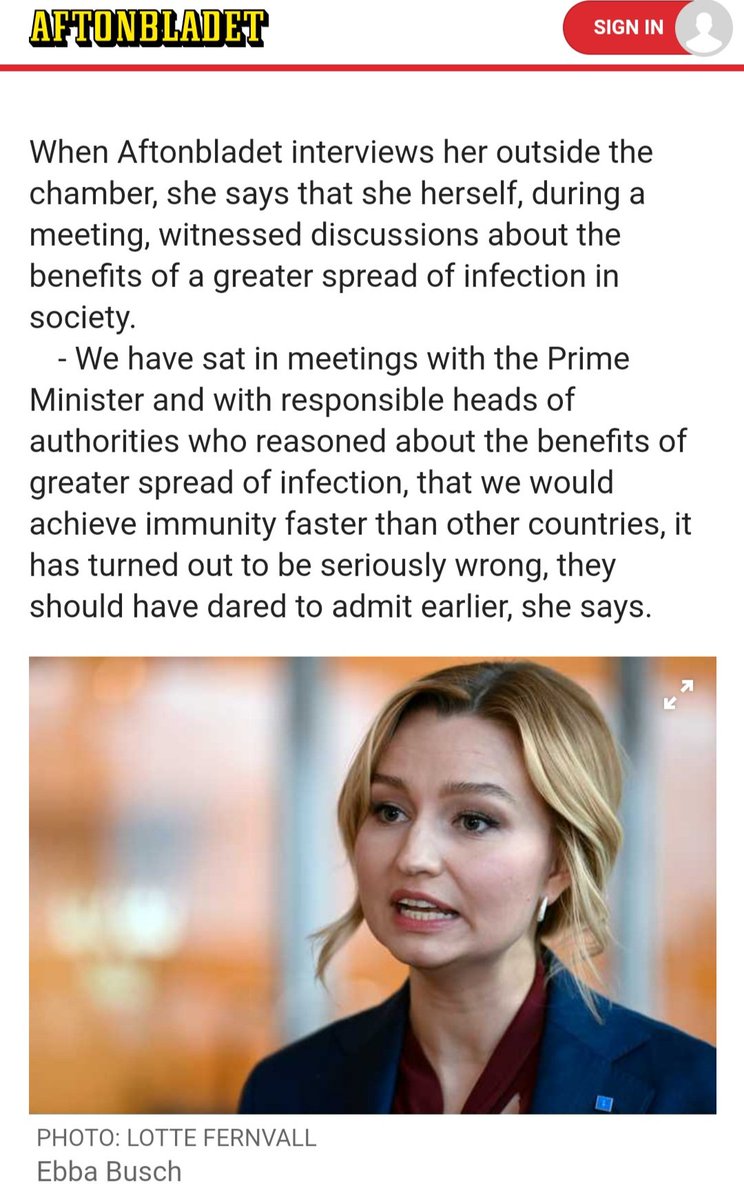 "We sat in meetings with the Prime Minister and heads of responsible authorities who discussed the benefits of a greater spread of infection, saying that we would achieve immunity faster than other countries"Ebba Busch, KD leader, January 13th 2021(26/n)