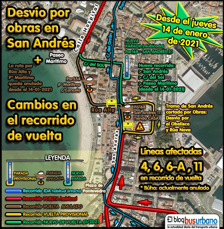 BlogBusurbano's tweet image. Desde el jue 14/01, el #BusUrbano de Coruna muta levemente:
Proseguirá por #SanAndrés hasta
la c/ Sol, donde realizará el giro de
90° para salir al el Paseo.
Situación a día de hoy 14/01 para las #Lín4, #Lín6, #Lín6A, #Lín11 a partir de las 11 o las 12 o la 1 (cuando lo activen).