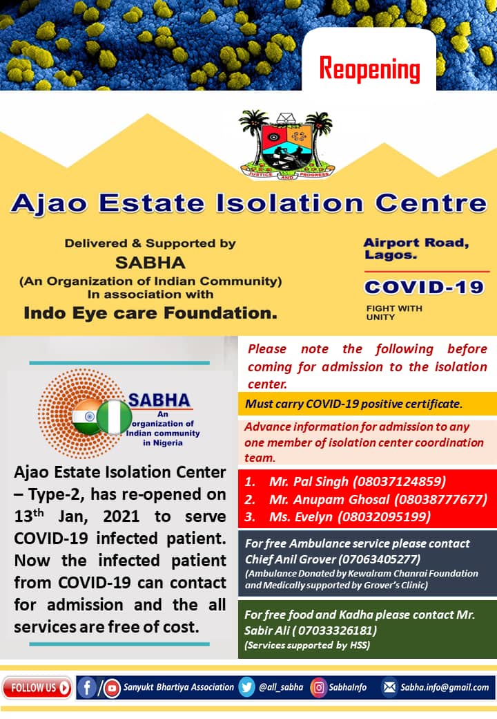 all_sabha's tweet photo. The Isolation centre -type 2 at Ajao Estate, Lagos has reopened for serving COVID-19 infected patient free of cost Thanks Indian community, corporate houses and Individual for their continuous support to SABHA  @india_nigeria @MoHFW_INDIA @NCDCgov @Fmohnigeria @MEAIndia https://t.co/lzKzB1LWBn