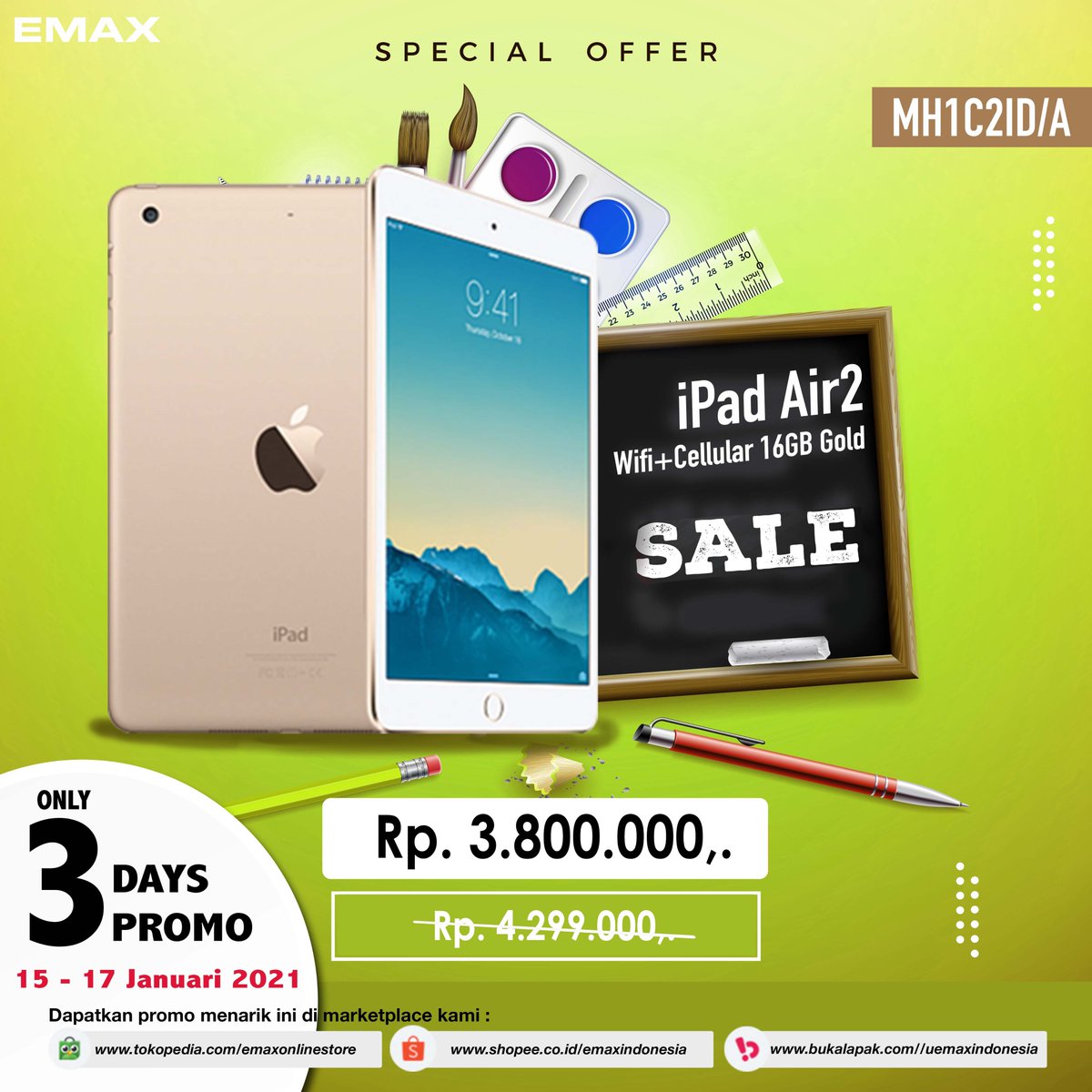 PROMO IPAD AIR
iPad Air 2 16GB Wifi Cell
Promo berlaku hanya 3 Hari saja

Tetap produktif selama Pandemi
Belajar Online, Bermain game, Beselancar Internet lebih seru dengan iPad Air

Pesan SEKARANG juga sebelum kehabisan ya👉