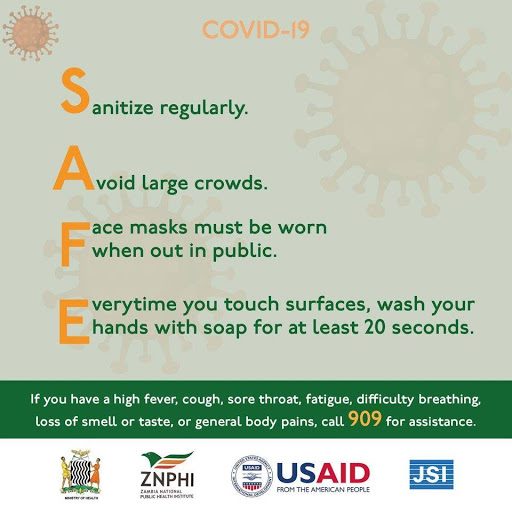 ZMPublicHealth's tweet photo. Let us continue practicing the #SAFEchallenge in order for us to beat the second wave of COVID-19.
Are you doing the #SAFEChallenge?
#COVID19
#Zambia
#NewNormal
#StayHome
#MaskUp
#KeepSafe
#ZNPHI
#LetsStopTheSecondWave https://t.co/Vd1P0WluqC