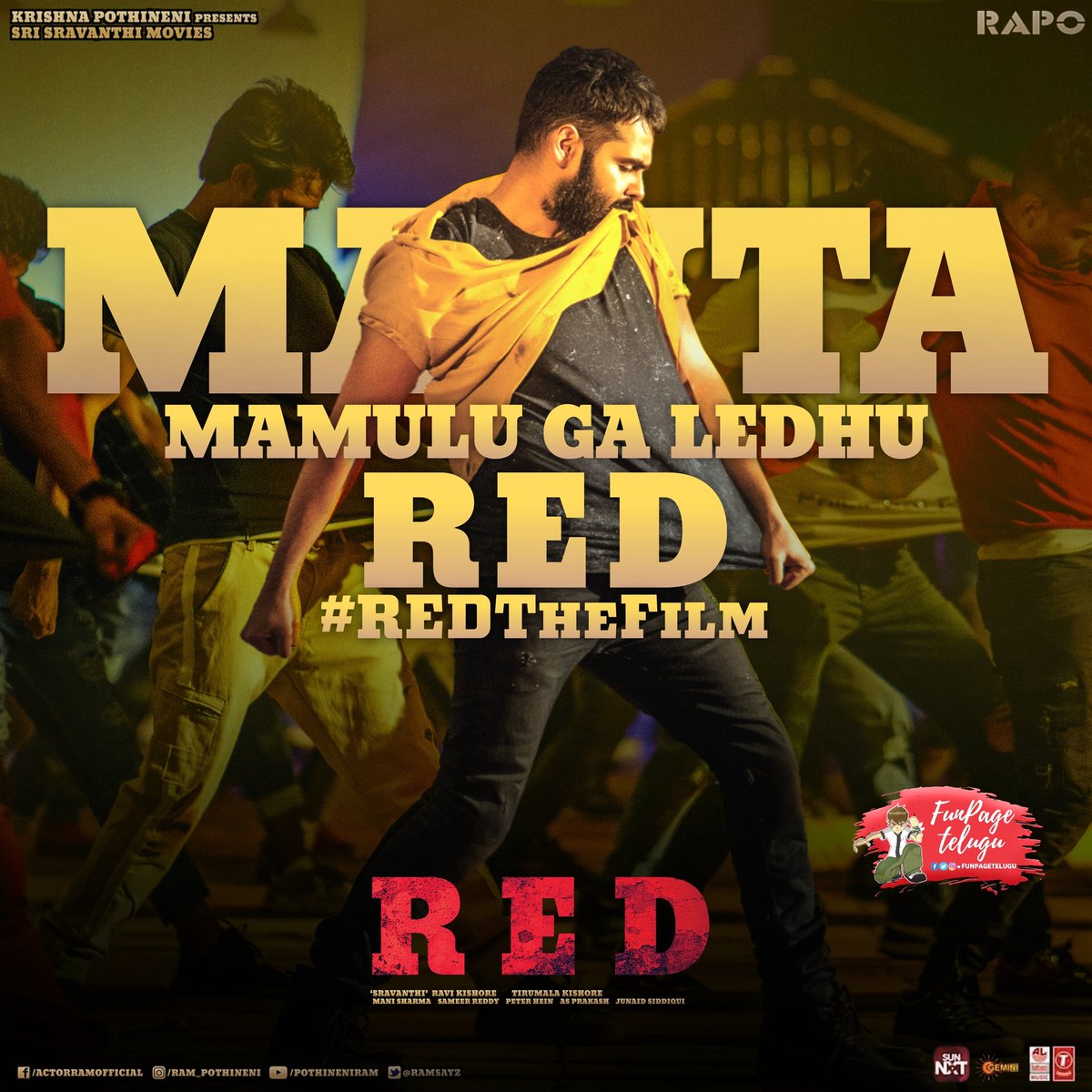 FunPageTelugu's tweet photo. USTAAD @ramsayz's Blockbuster Journey Continues!
#EnergeticStarRAPO 
It's a #RedHotBlockbuster 🔥

Experience the MASS THRILLER on Big Screen.

#RedTheFilm #RAPO https://t.co/3vCpsLxNNf