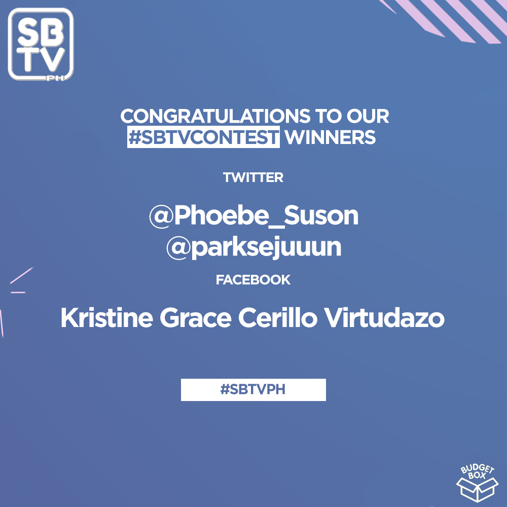 showbtph's tweet photo. Congratulations to #SBTVContest winners for #SBTV4thEpisdode! Enjoy your โฑ500 gift card when you shop at https://t.co/2BqQlLZ2au!
Please send us your name, email address, contact number and address. Tune in to #SBTV5thEpisode to win prizes from Budgetbox too! https://t.co/w1VJd4pQ3E