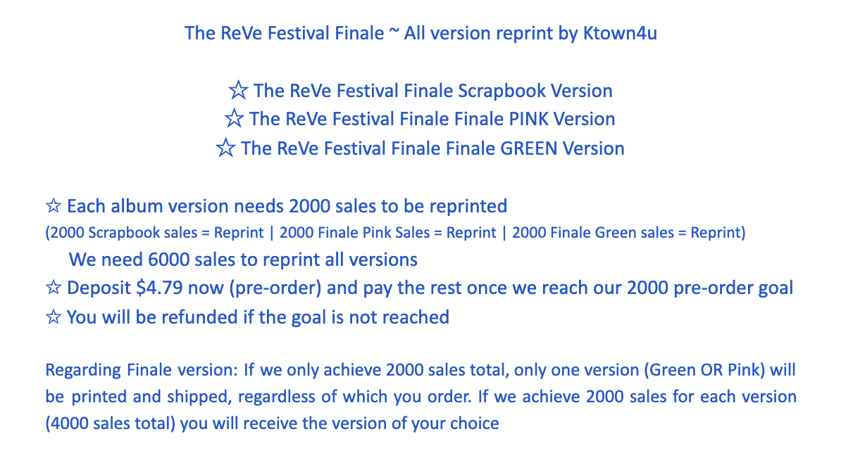 SSWstation's tweet photo. We partnered up with @Ktown4u_com to give ReVeluv a chance to order a The ReVe Festival Finale reprint from SM! Pre-order now to help make this reprint happen🥺 

❗️Every version needs 2000 sales to be reprinted❗️ 
❣️https://t.co/sQUdgnQ3y5
💙Check listing and picture for details https://t.co/Kl8anRGgGU