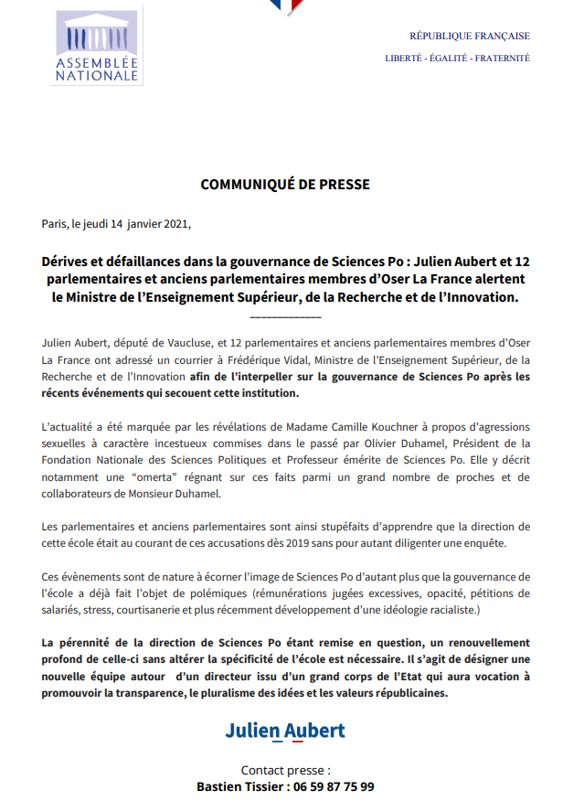 JulienAubert84's tweet photo. 🔴 [COMMUNIQUÉ DE PRESSE]

Avec 12 parlementaires et anciens parlementaires membres d' @OserLaFrance, j'ai adressé un courrier à Mme Frédérique Vidal pour l'interpeller sur la gouvernance de #SciencesPo après les récents événements qui secouent l'école.

#CamilleKouchner #Duhamel https://t.co/DiV9hWahMa