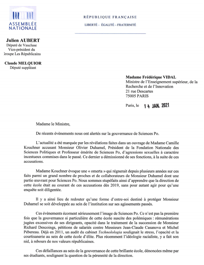 JulienAubert84's tweet photo. 🔴 [COMMUNIQUÉ DE PRESSE]

Avec 12 parlementaires et anciens parlementaires membres d' @OserLaFrance, j'ai adressé un courrier à Mme Frédérique Vidal pour l'interpeller sur la gouvernance de #SciencesPo après les récents événements qui secouent l'école.

#CamilleKouchner #Duhamel https://t.co/DiV9hWahMa
