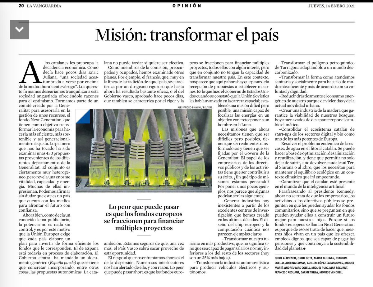 TechBarcelona's tweet photo. #NextGeneration Participamos en el comité de expertos para asesorar a la Generalitat en la gestión de los fondos de la Unión Europea para transformar la economía: Una misión difícil, pero posible. 

Lee la opinión publicada hoy en @LaVanguardia https://t.co/t8C5iEPm2W https://t.co/uyfEtQNE45