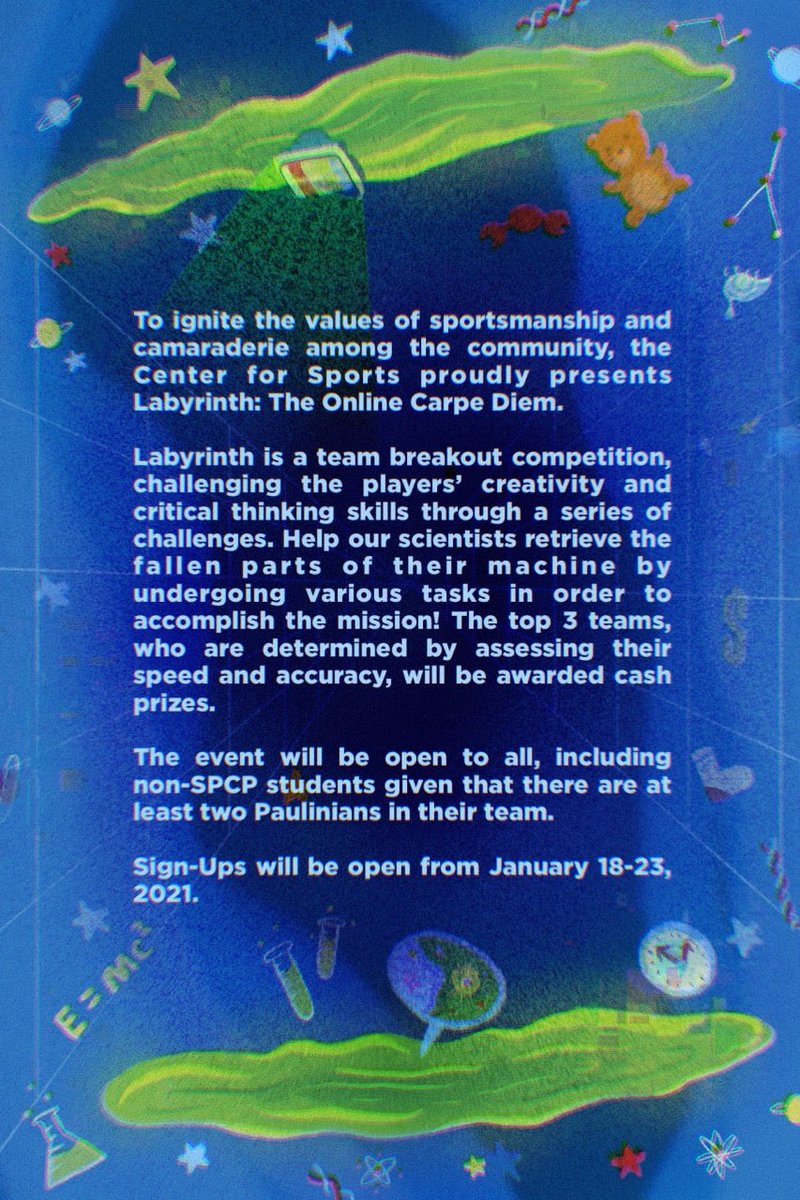 SPCPSports's tweet photo. LABYRINTH: Unravel the Unknown 🧪👀

Get your lab gowns ready for this year's CFS Carpe Diem 2021 : Escape Room. You are on a mission of a lifetime to travel through different dimensions and accomplish challenges to get to your final destination 

Are you up for this mission? https://t.co/MxMcvcbFq1