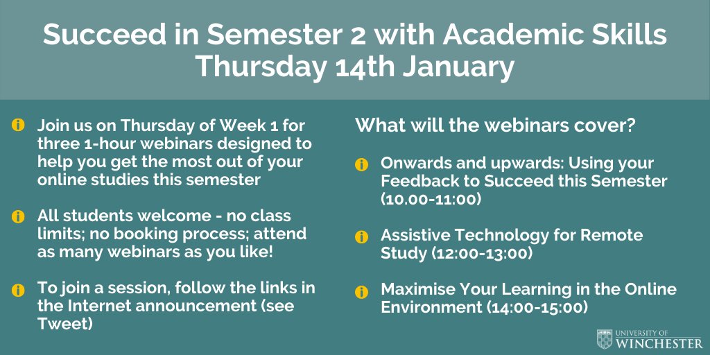 UniWinLibrary's tweet photo. Today it's the turn of the wonderful @AcademicSWinch to offer sessions as part of "Succeed in Semester 2". They've got a brilliant range of workshops on offer - don't miss out! 

Links to sessions can be found here: https://t.co/nOPwOImuiR https://t.co/puTRMtximK