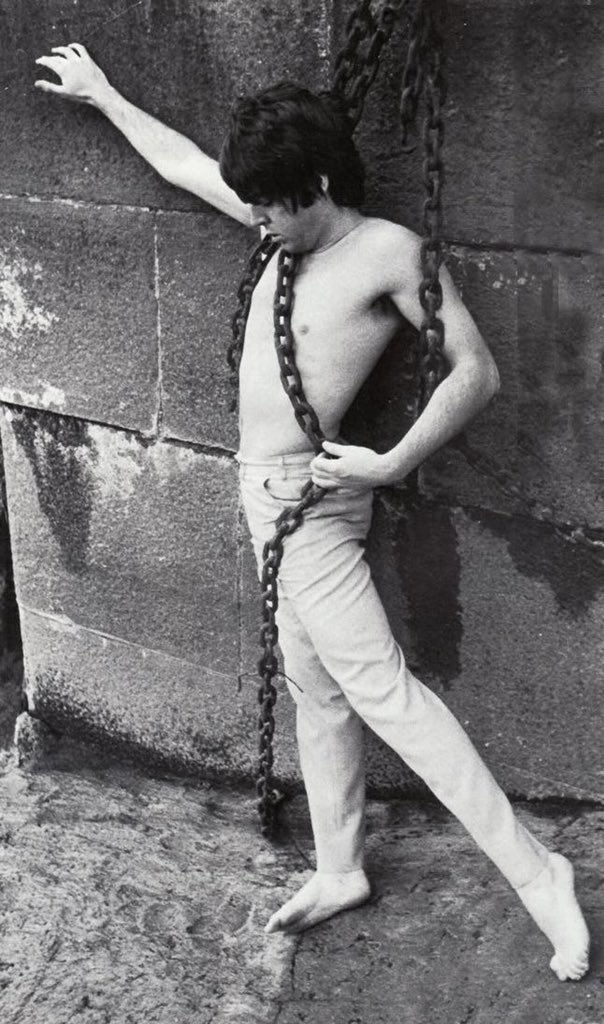 paul mccartney cosplaying as andromeda chained to a rock