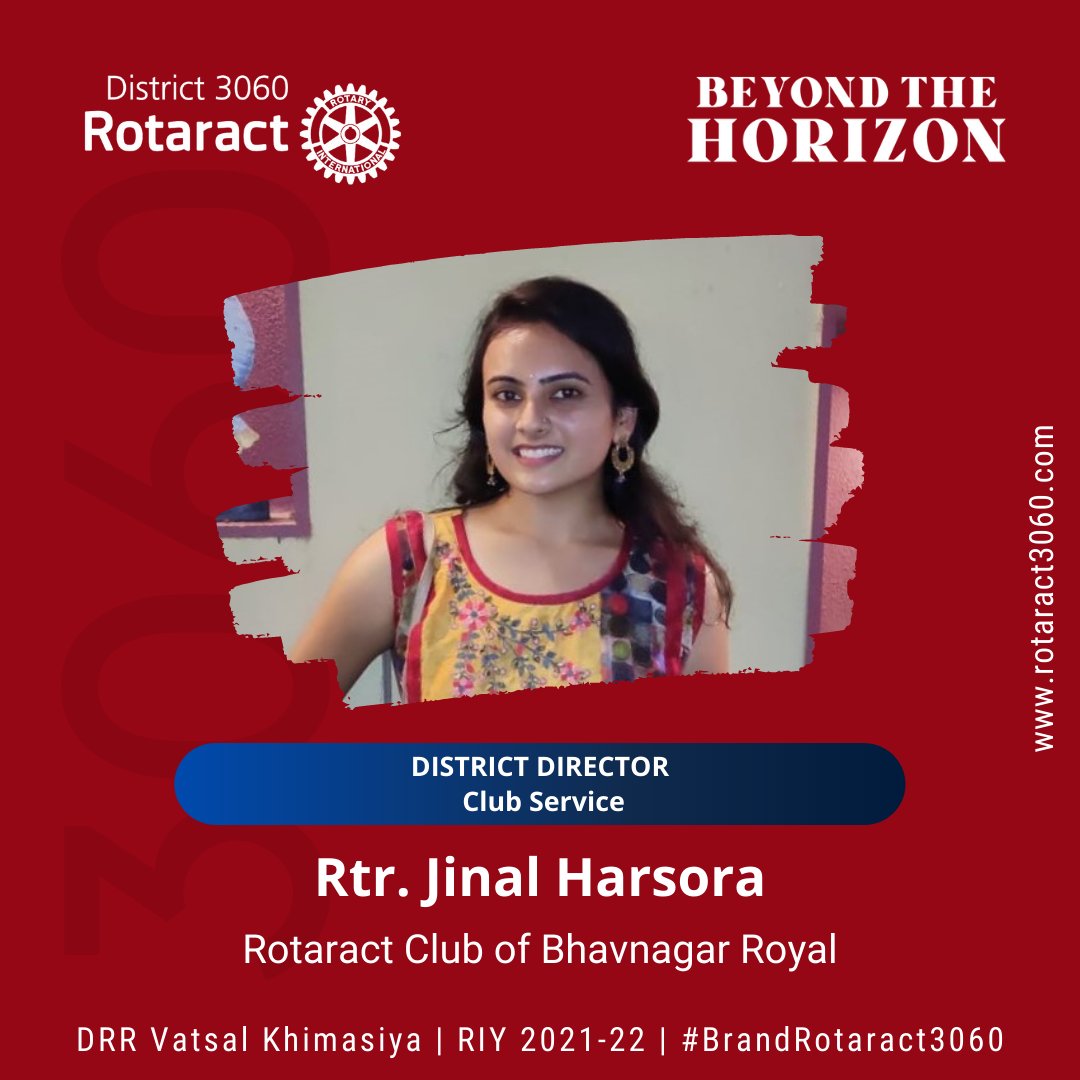 Rotaract3060's tweet photo. We’re presenting,
Rtr. Jinal Harsora from Rotaract Club of Bhavnagar Royal as
𝐃𝐢𝐬𝐭𝐫𝐢𝐜𝐭 𝐃𝐈𝐑𝐄𝐂𝐓𝐎𝐑: 𝐂𝐥𝐮𝐛 𝐒𝐞𝐫𝐯𝐢𝐜𝐞 𝟐𝟎𝟐𝟏-𝟐𝟐

#DistrictDirector #ClubService #RID3060 #Announcement https://t.co/y2fMOddwYC